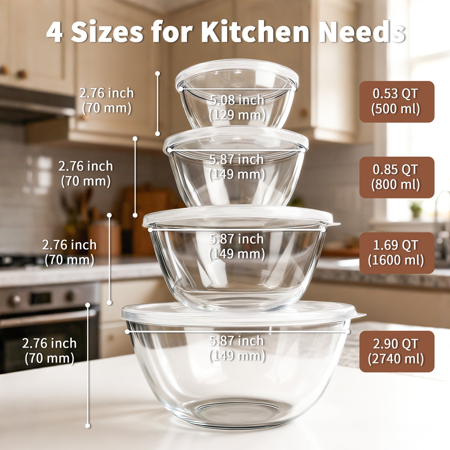 WhiteRhino 4 Packs Glass Mixing Bowls with Lids Set,0.53/0.84/1.69/2.9QT Glass Bowl for Serving,Prep,Baking,Cooking