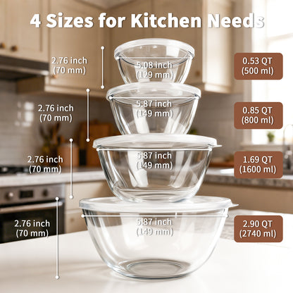 WhiteRhino 4 Packs Glass Mixing Bowls with Lids Set,0.53/0.84/1.69/2.9QT Glass Bowl for Serving,Prep,Baking,Cooking